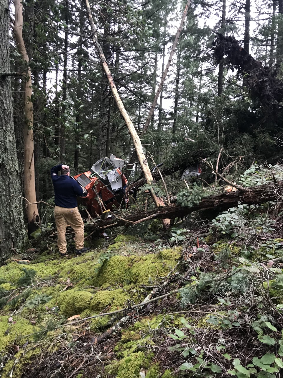 One of the pilots surveying the wreckage of the crash. Credit: Tony Mainwaring