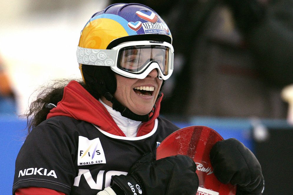 In this file photo, Julie Pomagalski of France celebrates after she took third place in the women's Snowboard Parallel Slalom in Bad Gastein 21 December 2006. 