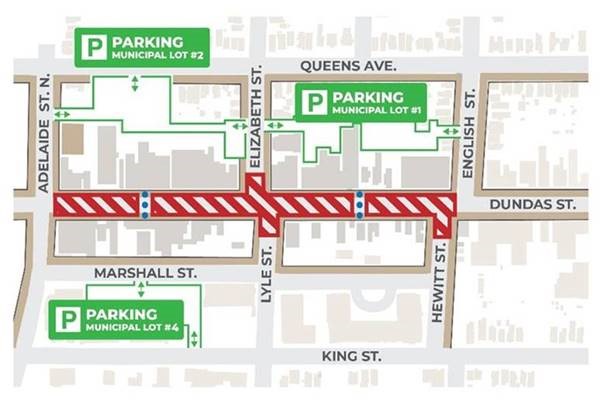 This map shows the location of the construction project on Dundas Street between Adelaide Street North and English Street.