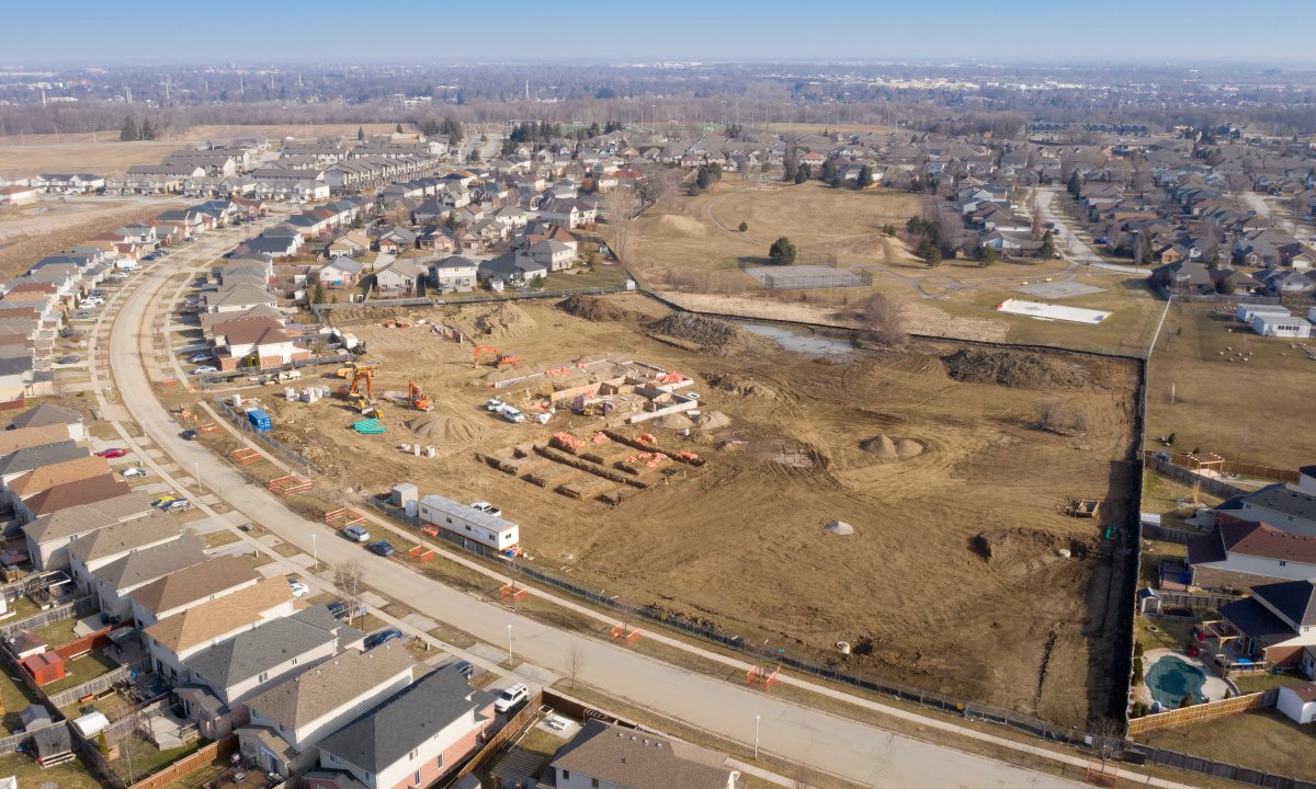 An aerial view of construction of a new school at at 2541 Meadowgate Blvd. in London, Ont.