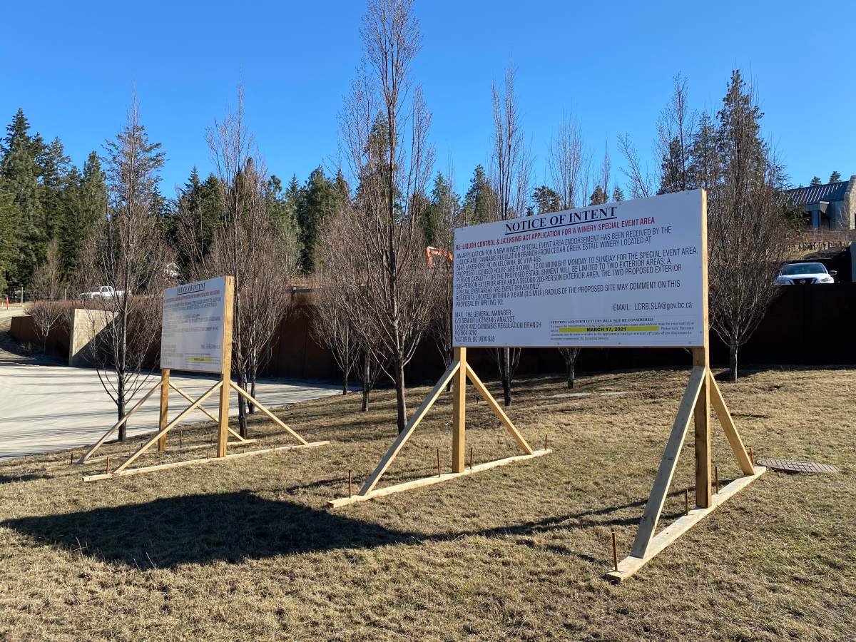 A sign erected near the winery outlines the application details.