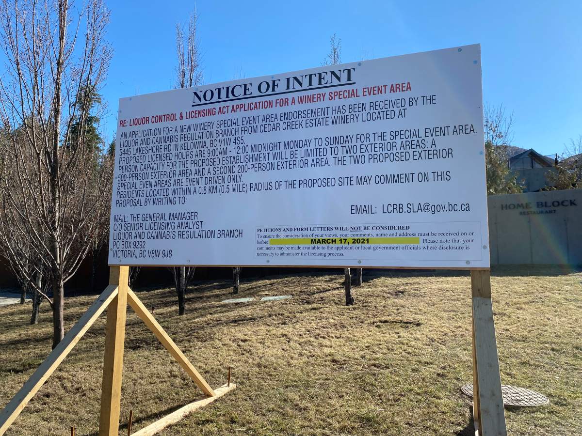 CedarCreek Estate Winery wants to hold large events overlooking spectacular lakefront views at its property in Kelowna. 