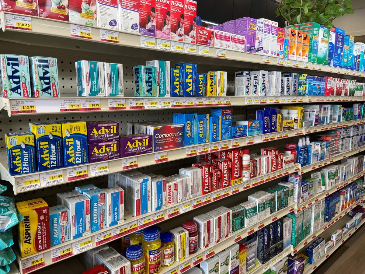 Stocked shelves at Brentwood Pharmasave.