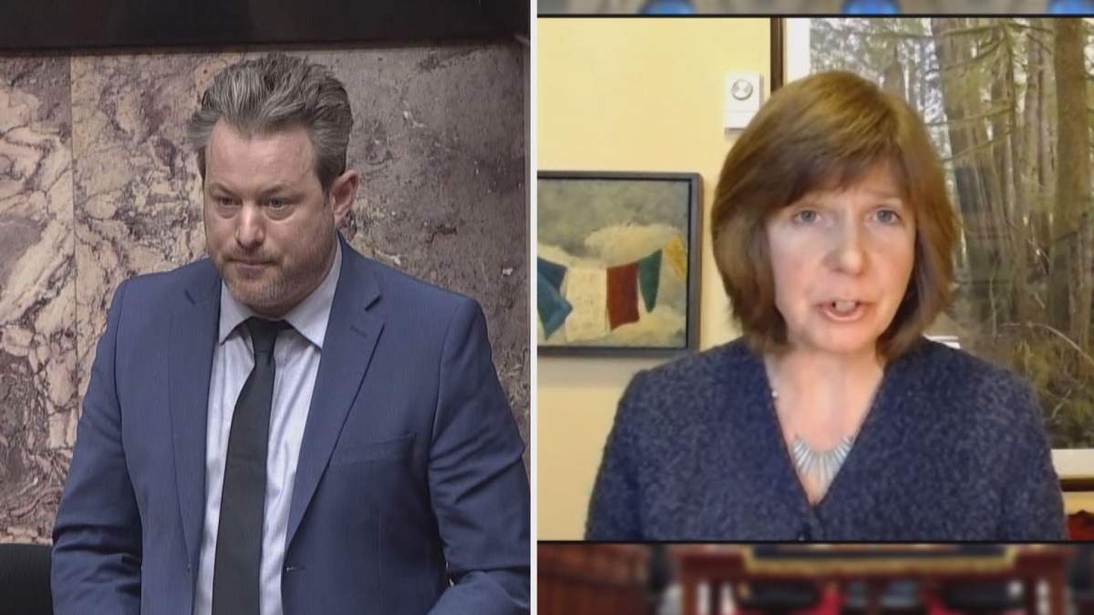 Trevor Halford, opposition critic for mental health and addictions (left) questions Sheila Malcolmson, minister of mental health and addictions (right) about the looming Pathways Addictions Resource Centre closure in Penticton, B.C. 