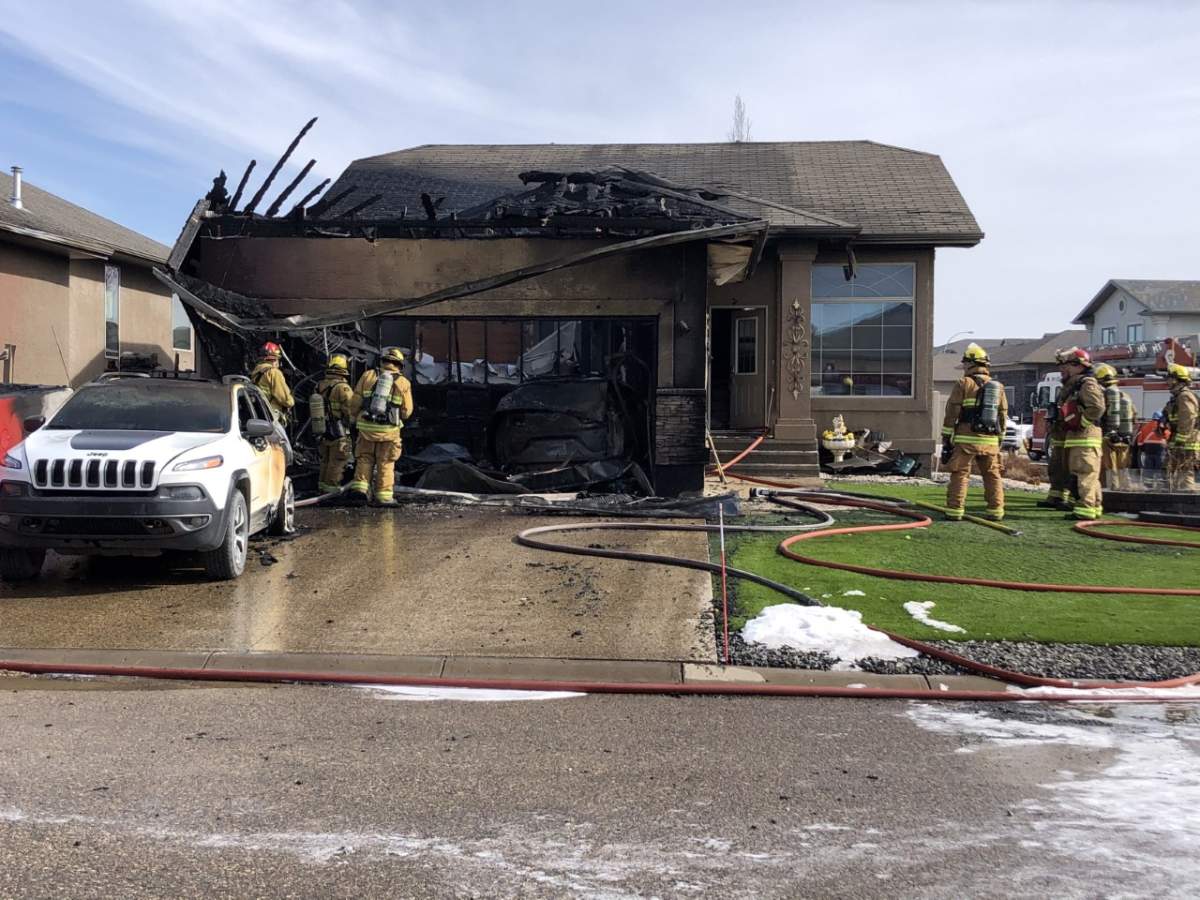 There is significant damage to the attached garage of a Lakeridge home in Regina after a fire on Sunday afternoon.