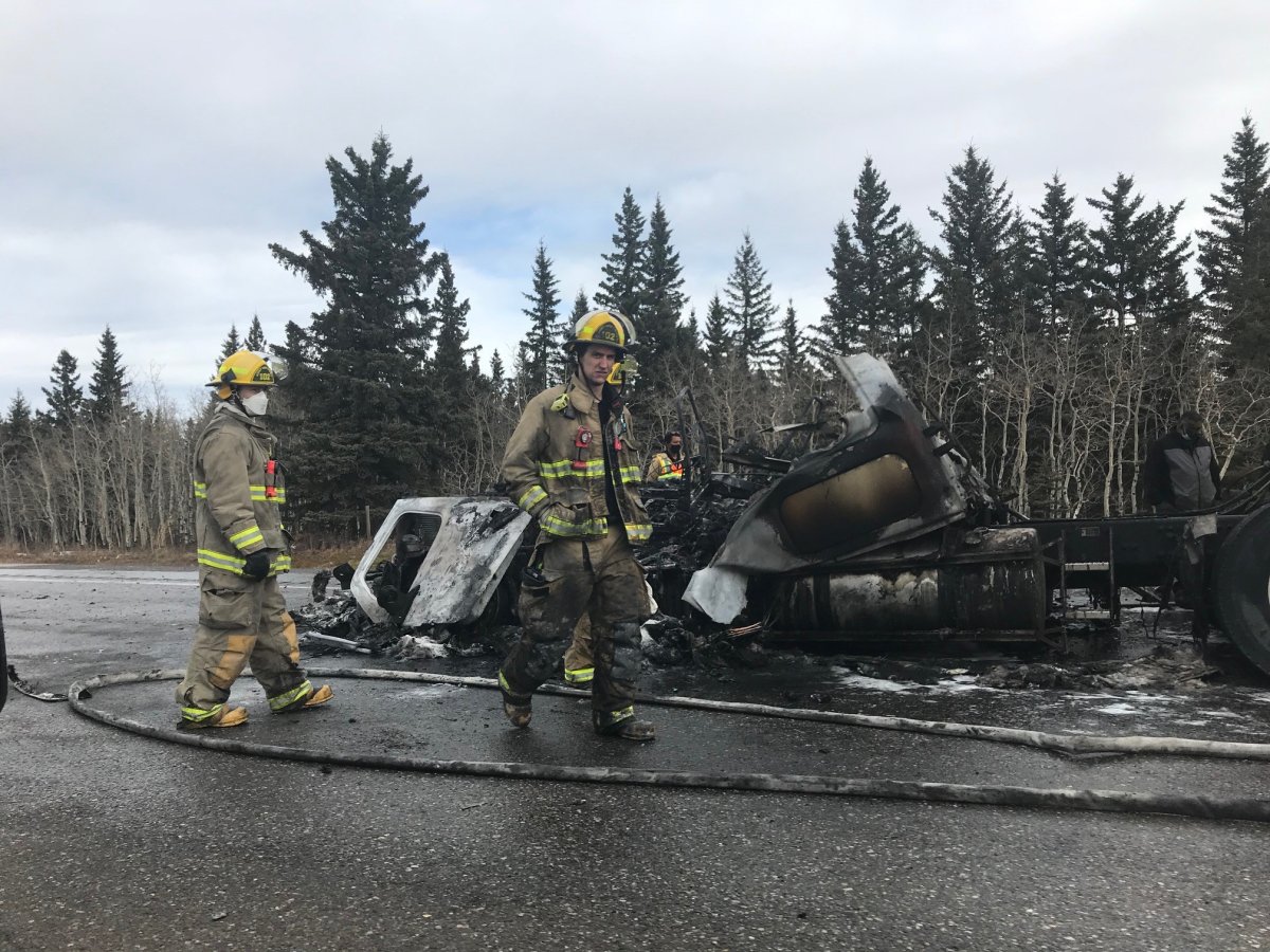 The burned semi-trailer on Highway 1 in Alberta on Sunday, March 7, 2021.