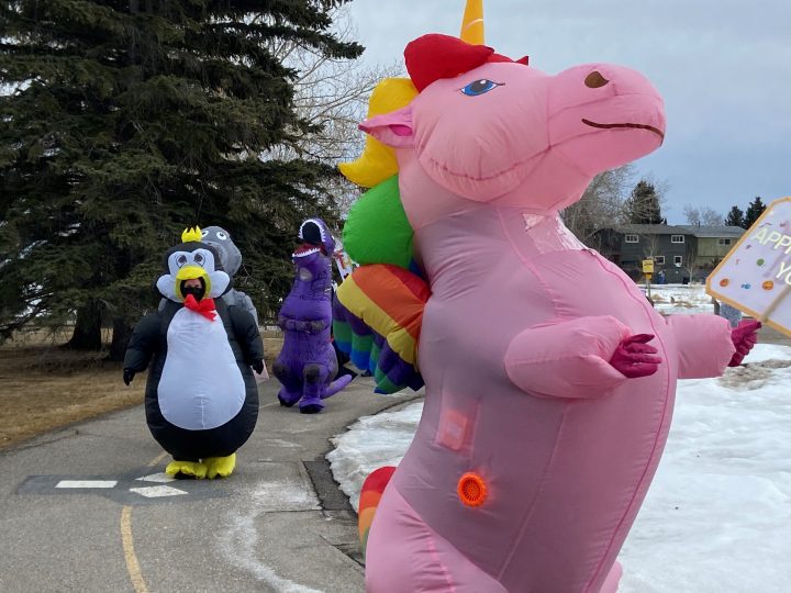 Volunteers with the Misfitz perform at Father Lacombe Care Centre in Calgary on March 6, 2021.