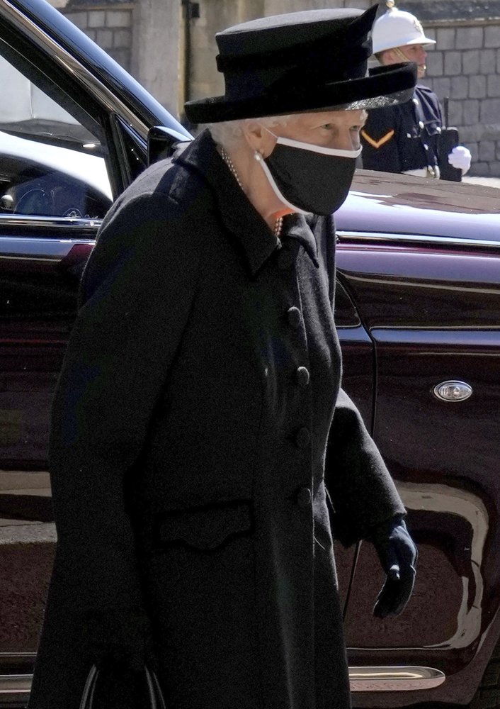 Britain’s Queen Elizabeth II arrives ahead of Britain Prince Philip\’s funeral at Windsor Castle, Windsor, England, Saturday, April 17, 2021.