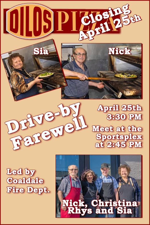 A Facebook post reminding Coaldale residents about the farewell for Dilo’s Pizza.