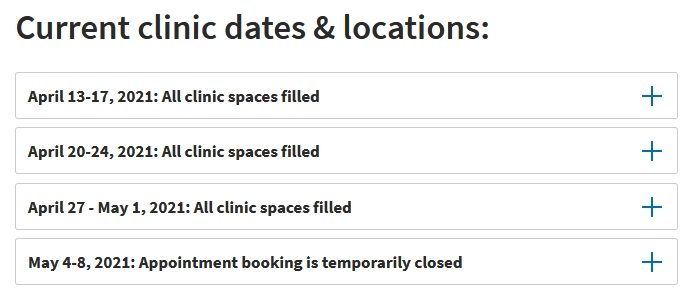 The HPPH website is showing no available vaccine appointments, and booking temporarily halted for May 4 to 8.