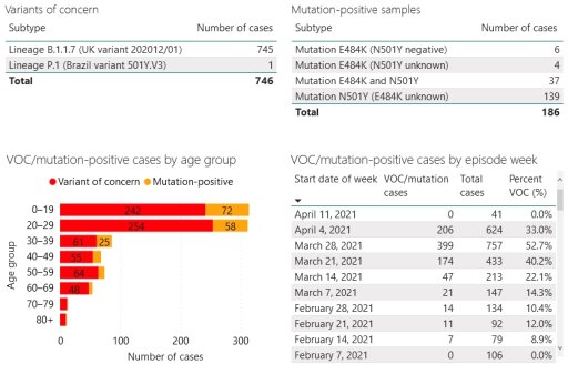 A chart from MLHU showing overall variant; cases that have screened positive for one or more spike gene mutations consistent with a variant (but that have not yet undergone full genomic sequencing); variant and screened mutation cases by age; and cases by episode week. (Note: data for the week of April 11 is still incoming.)