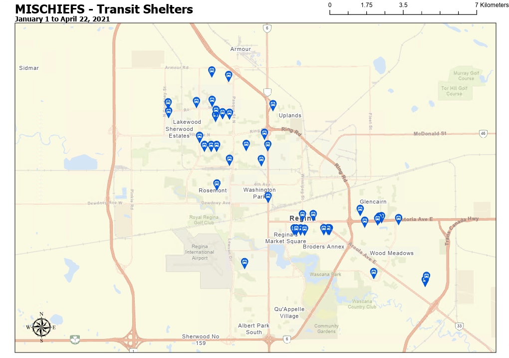 A map showing city bus shelters that were damaged in Regina. 
