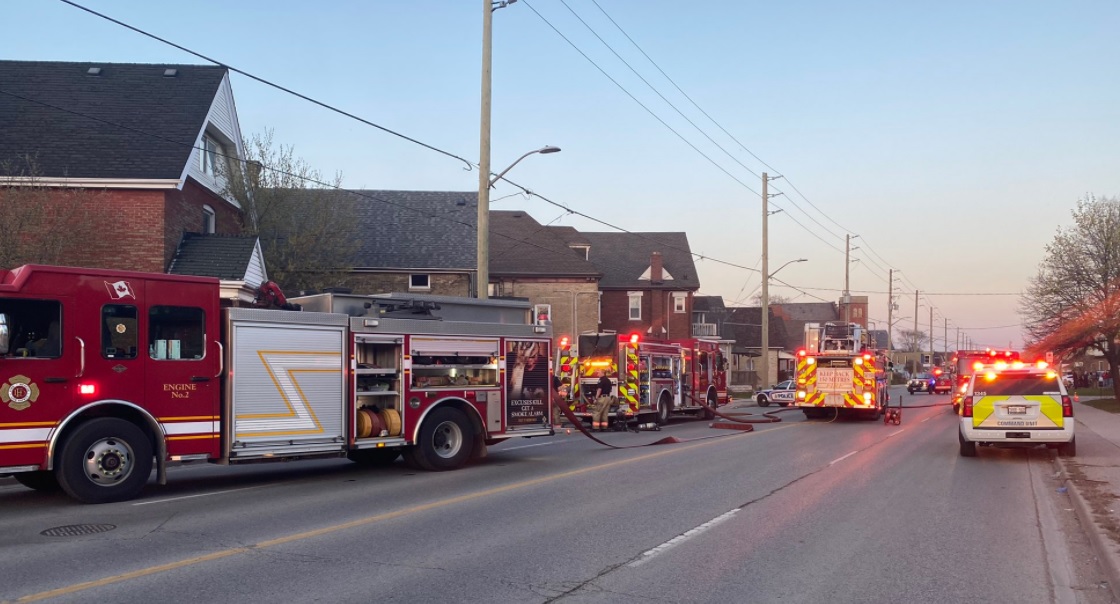 London Fire Department responding to a fire at 256 Hamilton Road on April 13, 2021.