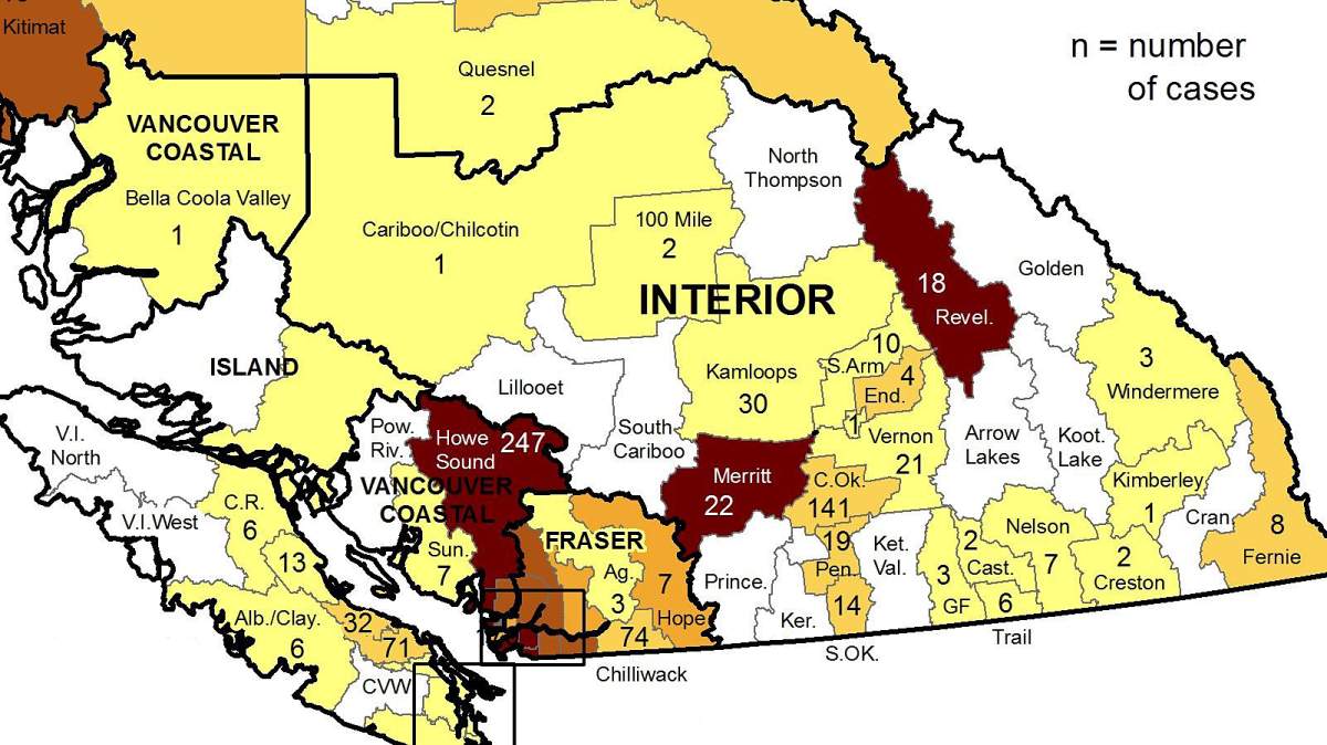 A map from the B.C. Centre of Disease Control showing the number of cases per local health authority for the week of March 21-27.
