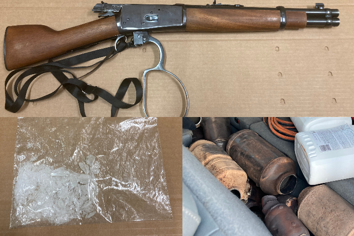 RCMP said they found a loaded .45 calibre rifle inside the vehicle along with 12 catalytic converters and a quantity of suspected methamphetamine.