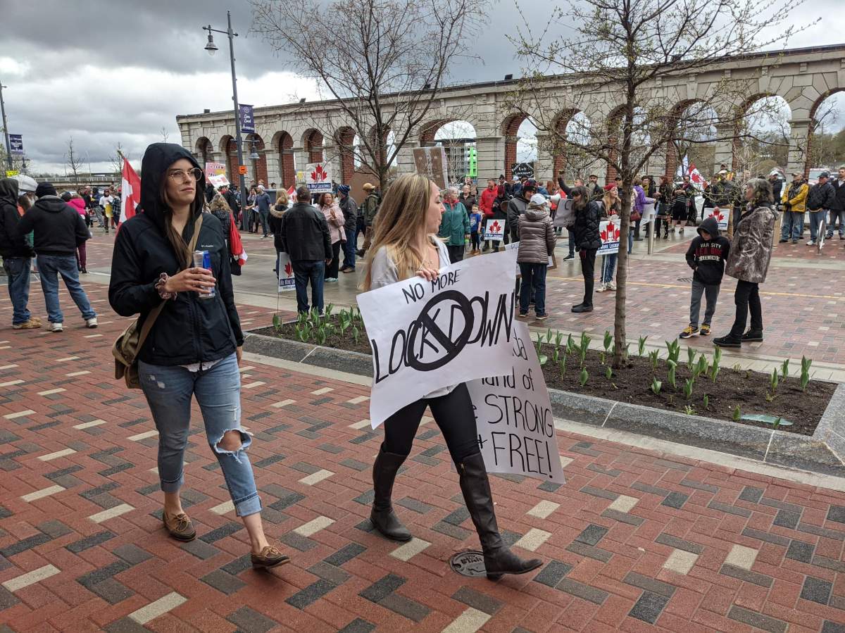More than 100 people gathered at a rally in Belleville April 16 to protest COVID-19 lockdowns in Ontario, hosted by independent MPP Randy Hillier.