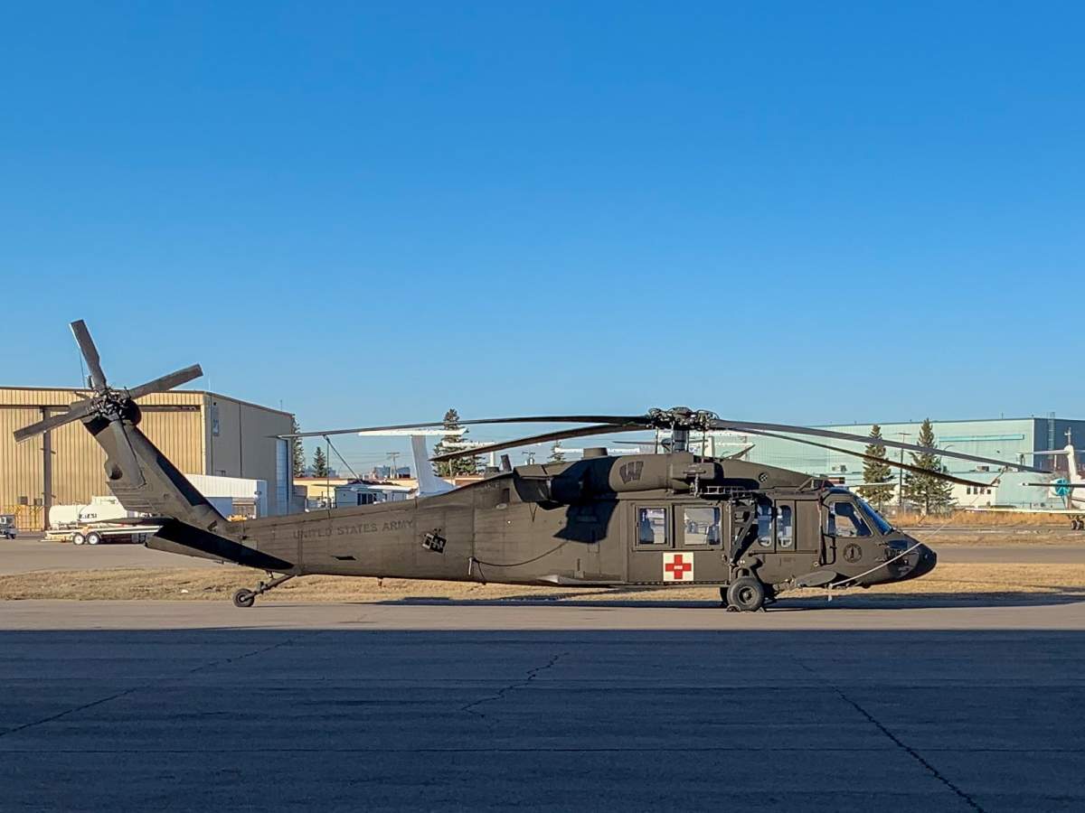 A U.S. Army National Guard UH-60 Black Hawk helicopter at the Calgary International Airport on April 15, 2021. 