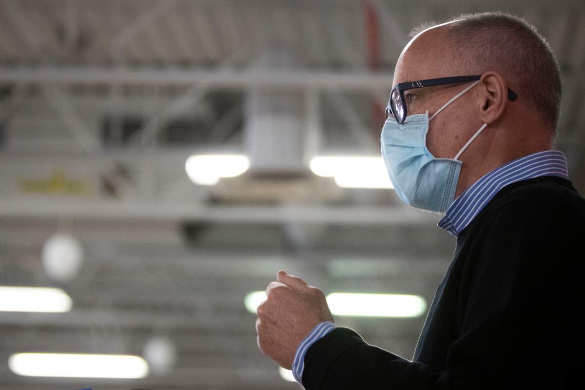 Medical officer of Health for Kingston, Frontenac, Lennox and Addington health unit, Dr. Kieran Moore speaks with the media at the Strathcona Paper Centre in Napanee, Ontario, on Monday March 15, 2021. The centre will be used as a  immunization clinic for the Napanee area.