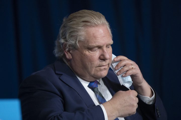 Ontario Premier Doug Ford attends a news conference at Queens Park in Toronto on Wednesday, April 7, 2021.