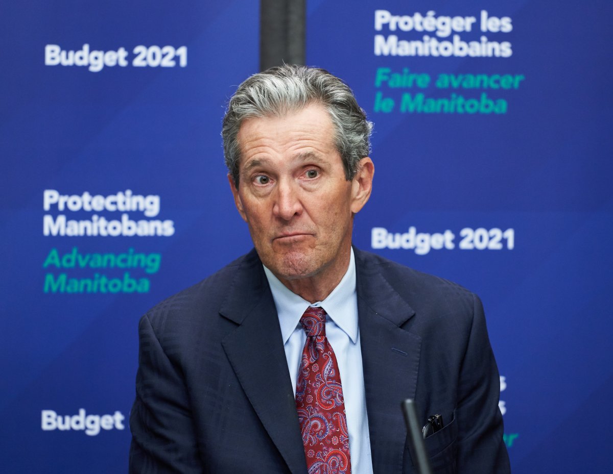 Premier of Manitoba Brian Pallister speaks at a news conference after the 2021 budget was delivered at the Manitoba Legislative Building in Winnipeg on Wednesday, April 7, 2021. 