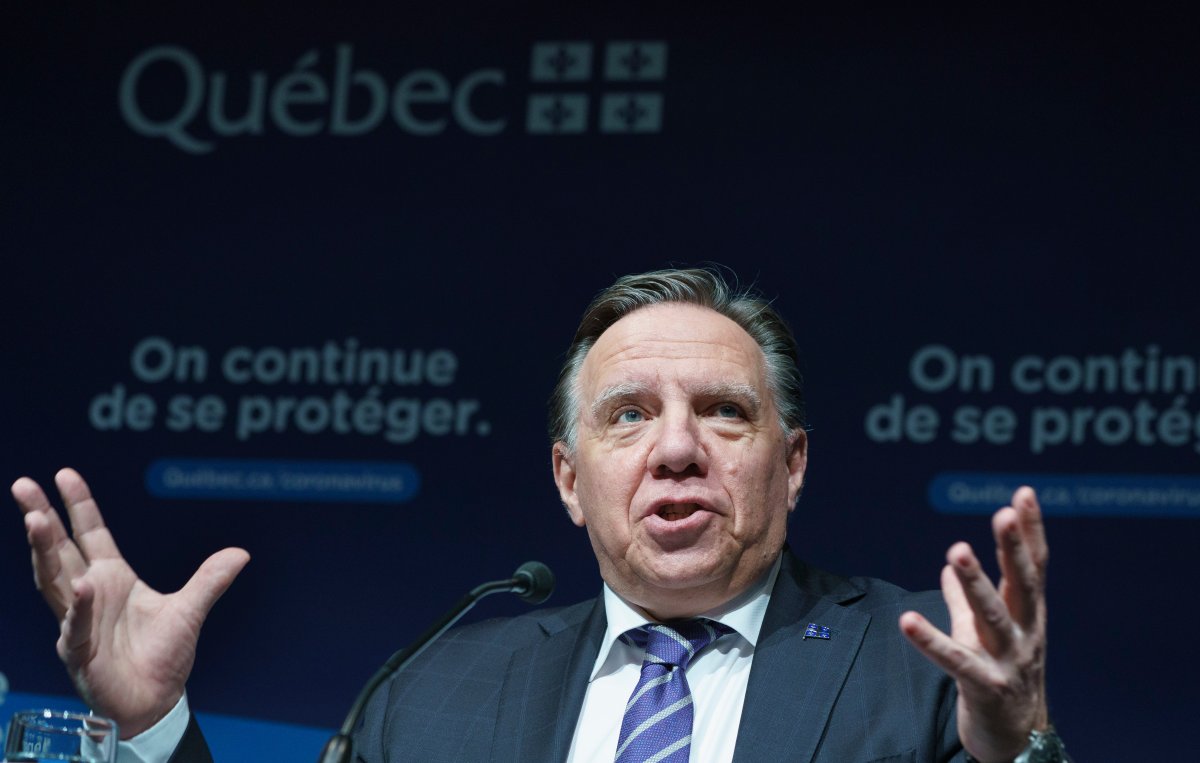 Quebec Premier Francois Legault delivers remarks during a news conference in Montreal on Thursday, April 8, 2021. 