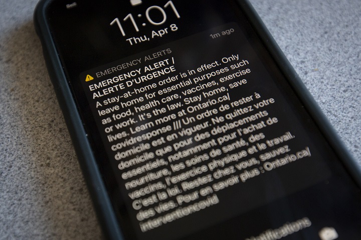 A stay-at-home order issued from the Ontario government pictured on a cellphone in Kingston, Ontario on Thursday, April 8, 2021. 