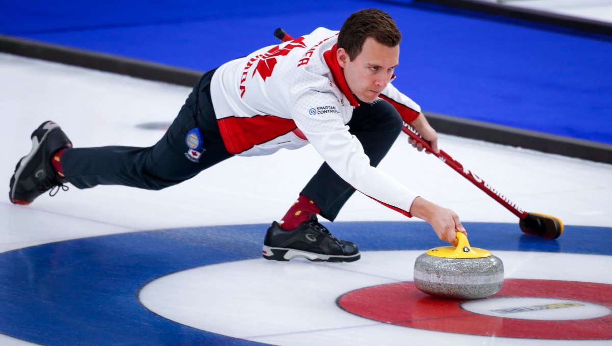 Team Canada skip Brendan Bottcher makes a shot against Germany at the Men's World Curling Championships in Calgary, Alta., Friday, April 9, 2021.