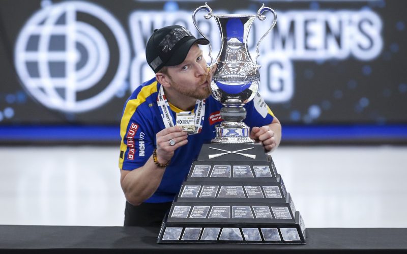 Sweden skip Niklas Edin celebrates defeating Scotland in the Men's World Curling Championship gold medal final in Calgary, Alta., Sunday, April 11, 2021.