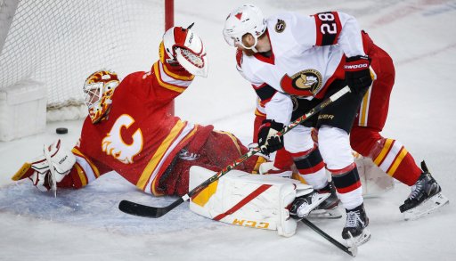 Ottawa Senators’ Connor Brown, right, scores on Calgary Flames goalie Jacob Markstrom during second period NHL hockey action in Calgary, Alta., Monday, April 19, 2021.