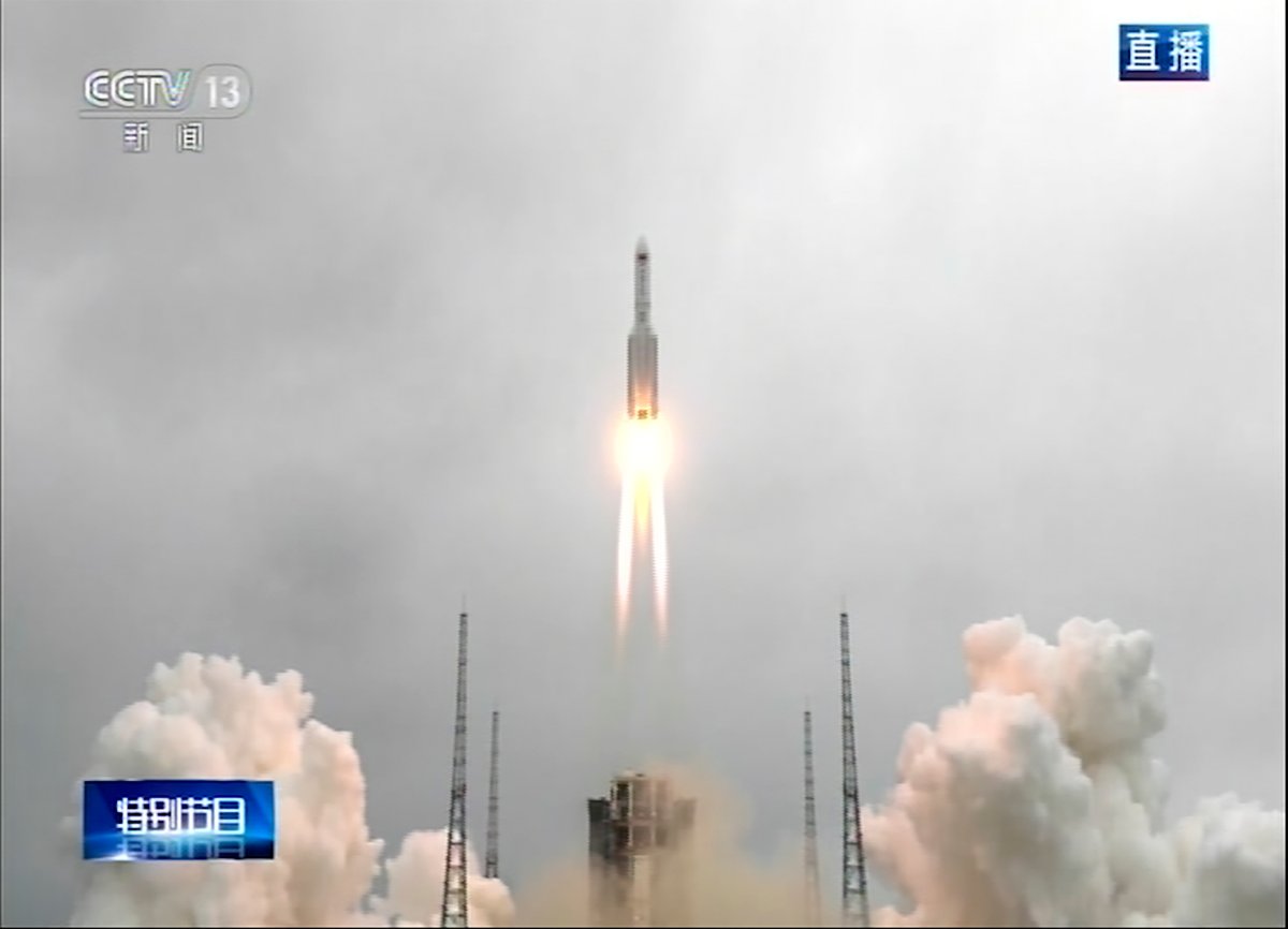 In this image taken from video footage run by China's CCTV via AP Video, a Long March 5B rocket carrying a module for a Chinese space station lifts off from the Wenchang Spacecraft Launch Site in Wenchang in southern China's Hainan Province, Thursday, April 29, 2021. China has launched the core module on Thursday for its first permanent space station that will host astronauts long-term. (CCTV via AP Video).