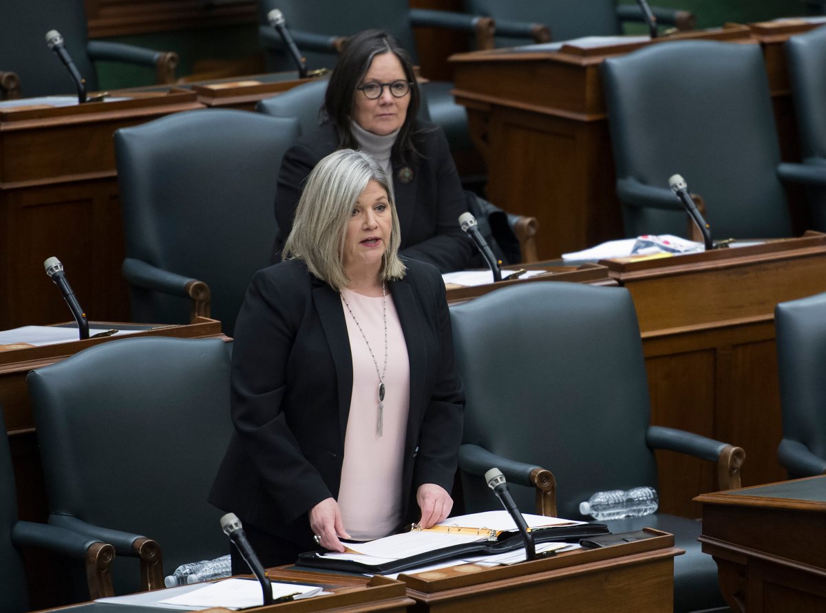 NDP leader Andrea Horwath, left, asks Ontario Premier Doug Ford questions as they sit in the legislature at Queen's Park during the COVID-19 pandemic in Toronto on Tuesday, May 12, 2020. THE CANADIAN PRESS/Nathan Denette.
