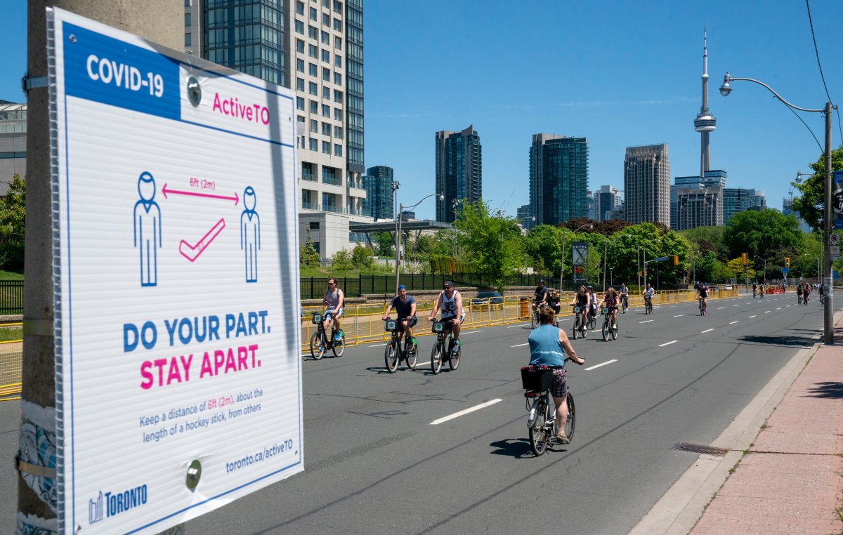 Cyclists take advantage of the ActiveTO closure of Lake Shore Blvd. in Toronto on Sunday June 7, 2020.