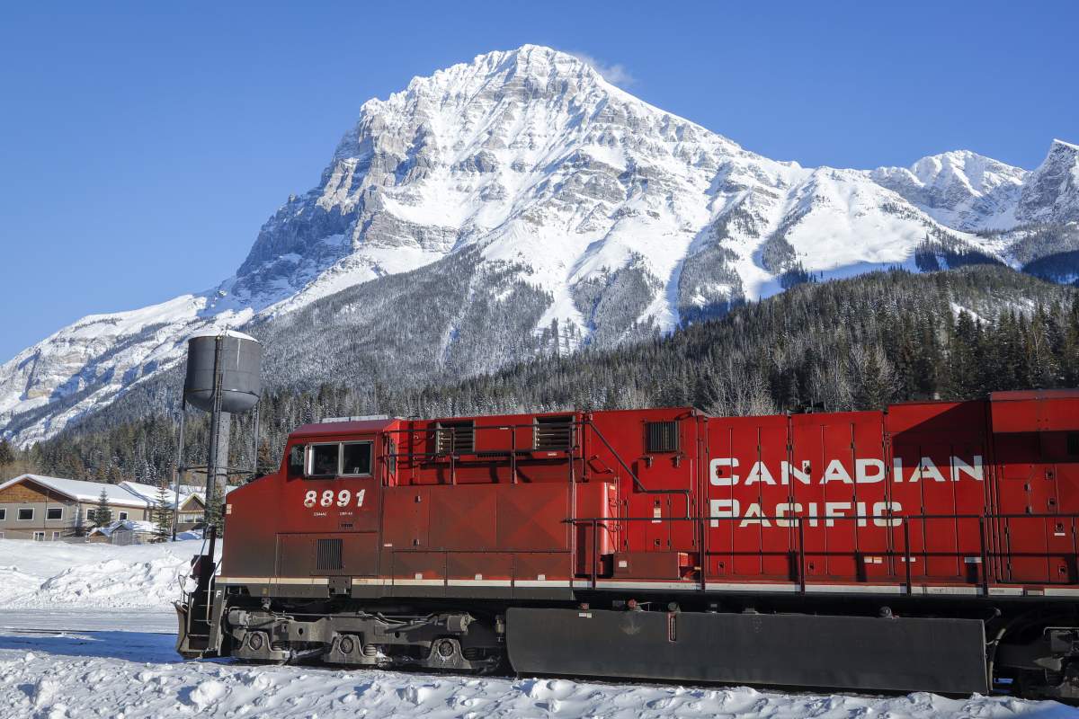 An eastbound train waits in Field, B.C., for the line to be cleared, on Monday, Feb. 4, 2019. 