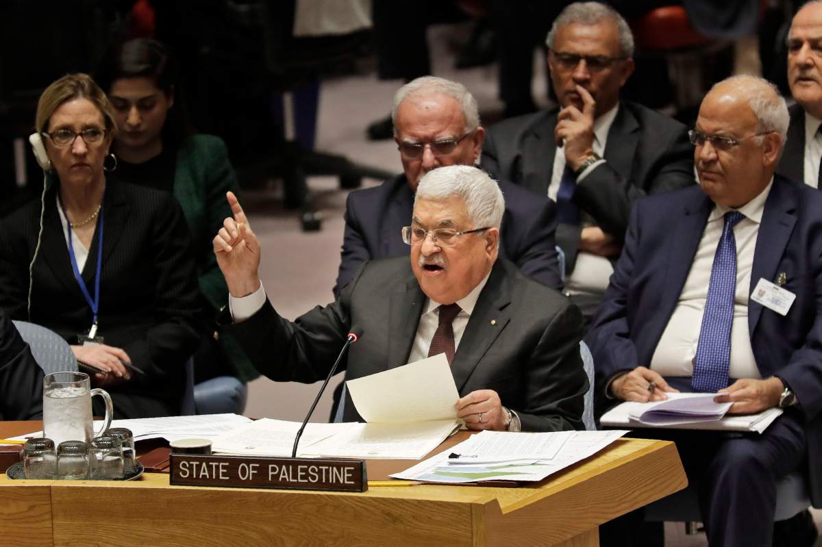 Palestinian President Mahmoud Abbas speaks during a Security Council meeting at United Nations headquarters, Tuesday, Feb. 11, 2020.
