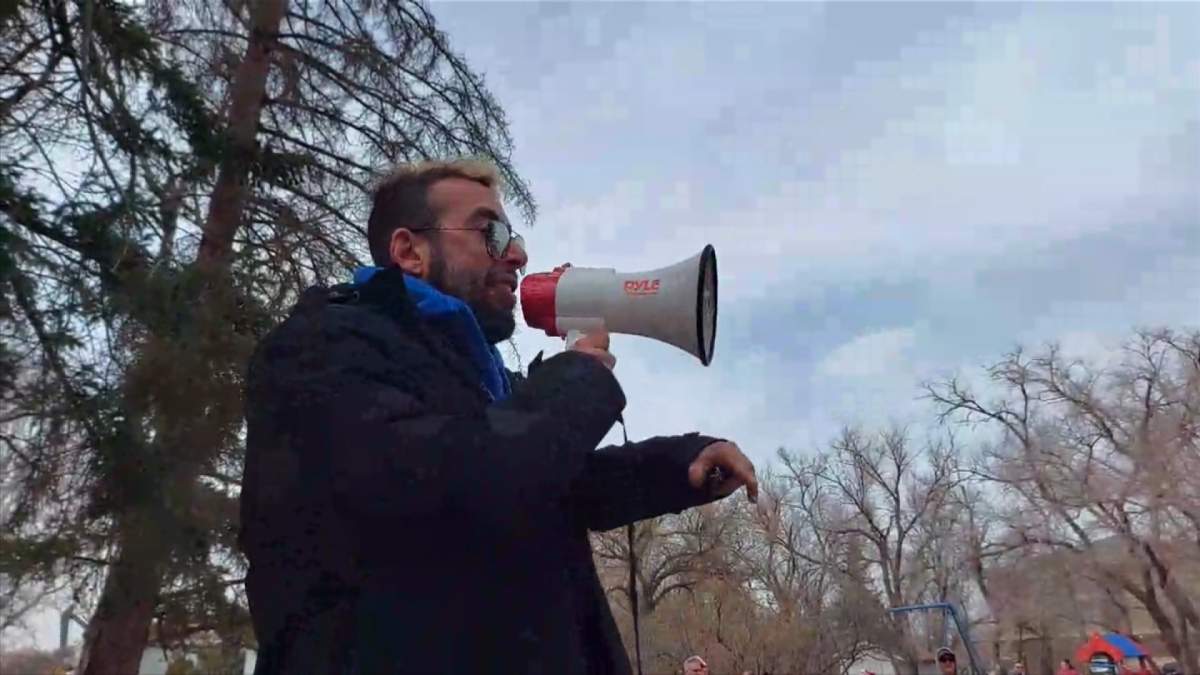 Chris Saccoccia gives a speech in Maple Creek on April 24.  