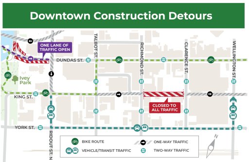 A map showing the impacts of construction of the first phase of the Downtown Loop and the second phase of the Dundas Street-TVP Connection.