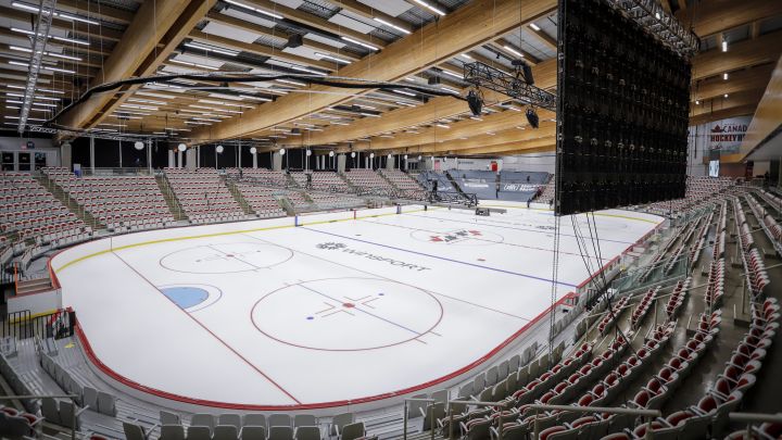 Preparations are under way at WinSport's Markin MacPhail centre where the Scotties Tournament of Hearts will take place, in Calgary, Thursday, Feb. 11, 2021.