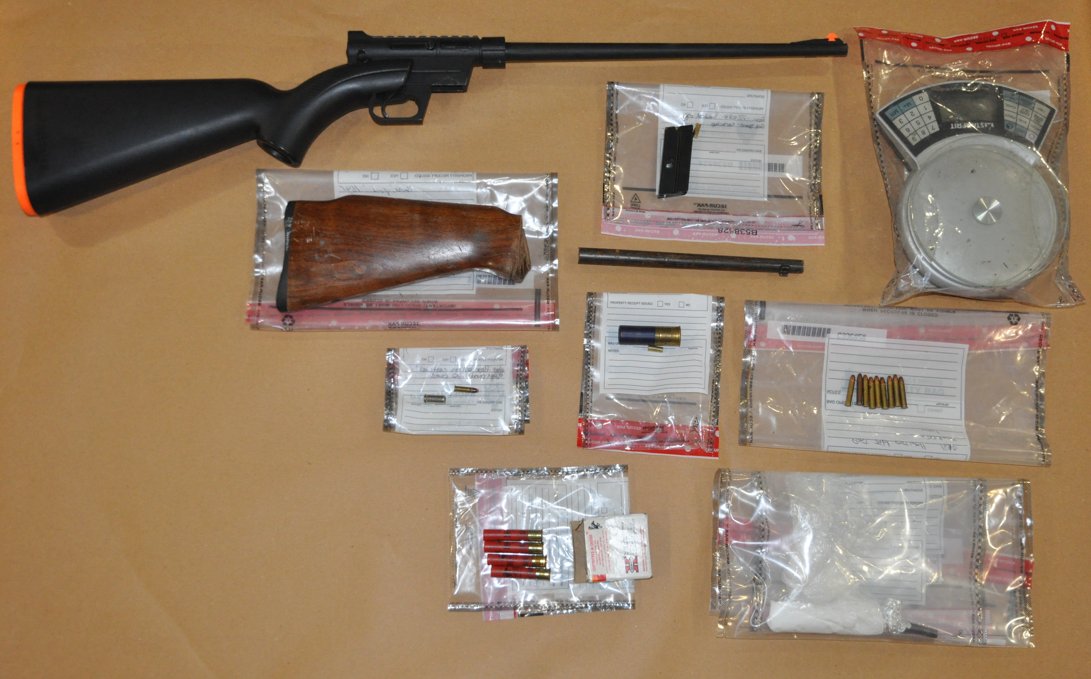 A photo of the items police seized during their search on Simcoe Street. Not included are the items seized in the Dundee Place search.