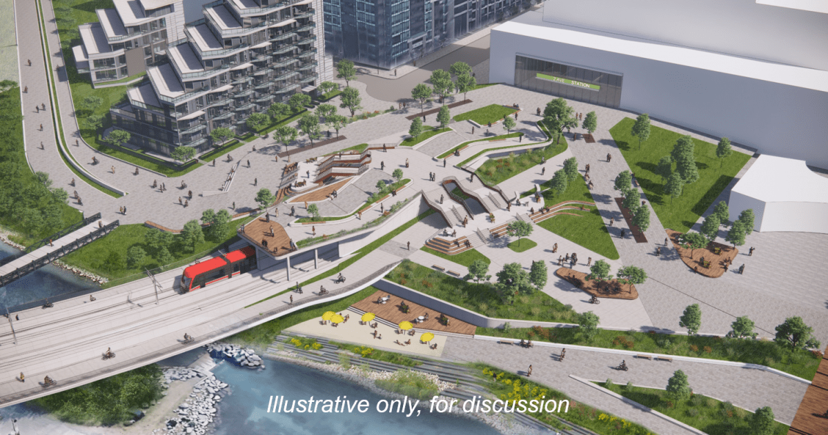 A rendering of a bird's eye view of the Eau Claire Promenade where the Green Line LRT would emerge from underground to cross the Bow River.