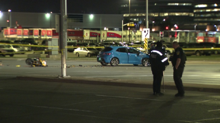 The scene of a crash between a car and a motorcycle in Mississauga's east end.