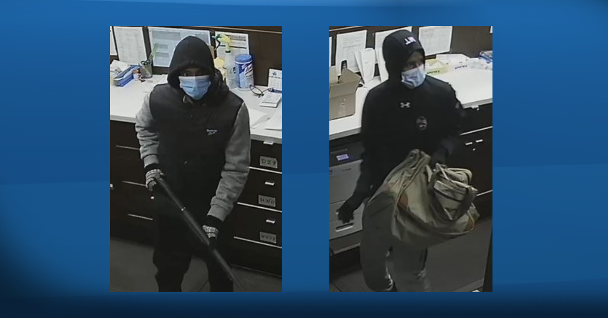 Surveillance images of two suspects from an armed robbery of a pharmacy near 27 Avenue and Saddleback Road in southwest Edmonton on March 25, 2021.