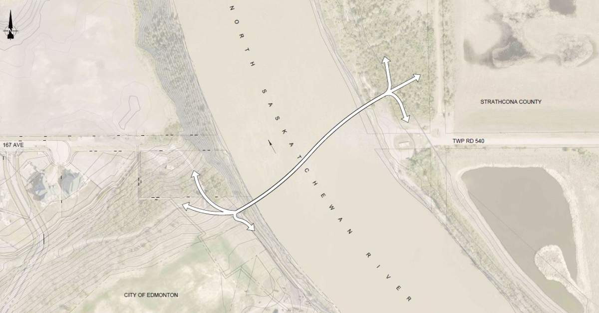 The proposed bridge would be built in northeast Edmonton’s rural Horse Hill area, along the alignment of 167 Avenue on the Edmonton side and Township Road 540 in Strathcona County.