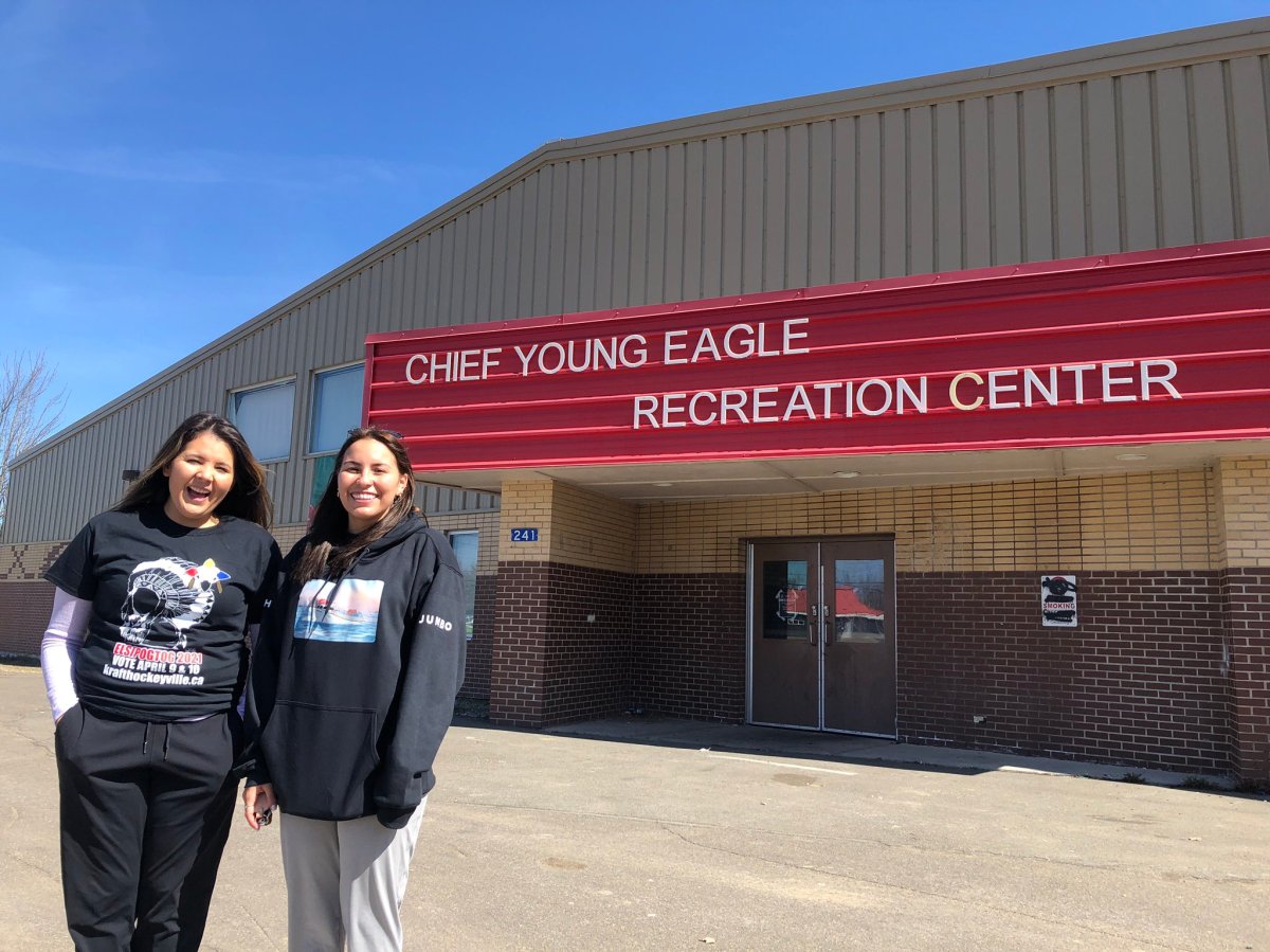 Malian Levi (left) and Jaime Carpenter are two organizing committee members for Elsipogtog’s Hockeyville bid. They hope to win $250,000 for arena upgrades from the national contest.