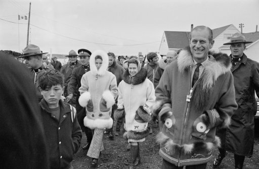 Queen Elizabeth II with Prince Philip and Princess Anne in Tuktoyaktuk, in the Northwest Territories of Canada, July 1970.