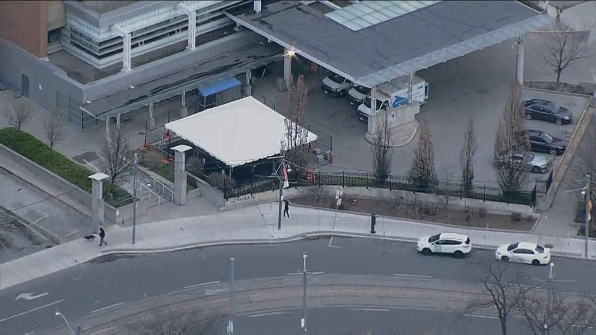 An aerial view of the tent installed at Toronto Western Hospital.