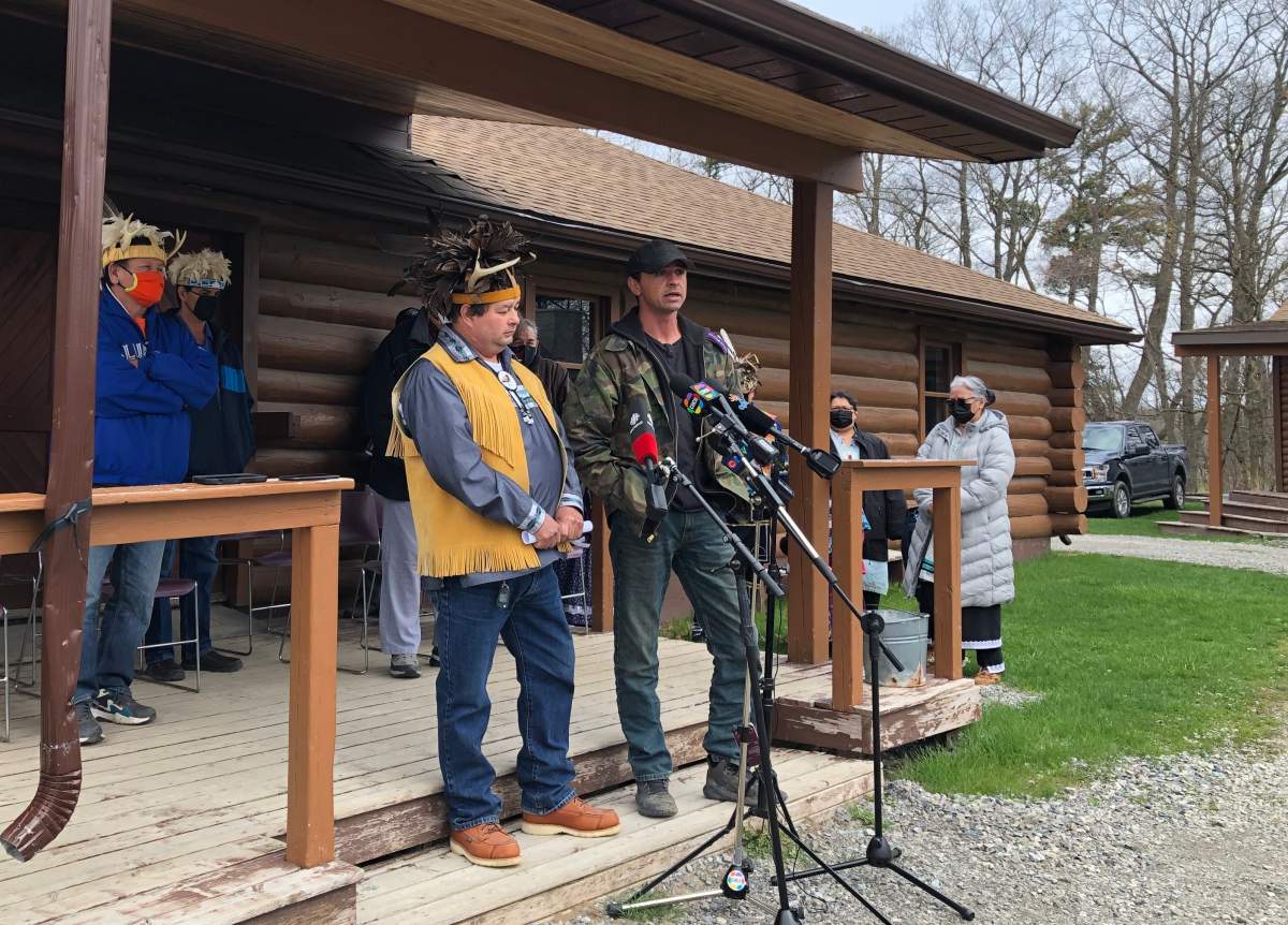 Cayuga Snipe chief Deyohowe:to and 1492 Land Back Lane spokesperson Skyler Williams address reporters during an announcement of a moratorium on development within the Haldimand Tract.