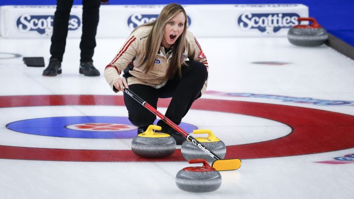Team Ontario skip Rachel Homan directs her team against Team Canada in the final at the Scotties Tournament of Hearts in Calgary, Alta., Sunday, Feb. 28, 2021.
