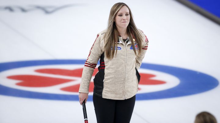 Team Ontario skip Rachel Homan reacts to her shot against Team Canada in the final at the Scotties Tournament of Hearts in Calgary, Alta., Sunday, Feb. 28, 2021.