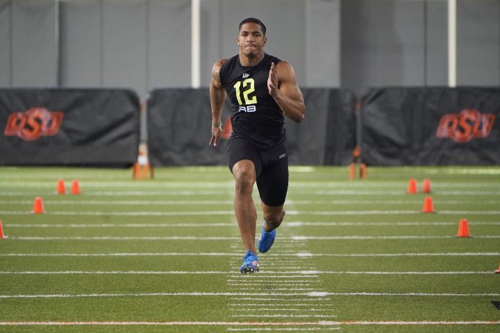 Oklahoma State running back Chuba Hubbard runs the 40-yard dash at NFL Pro Day, Thursday, April 1, 2021, in Stillwater, Okla.