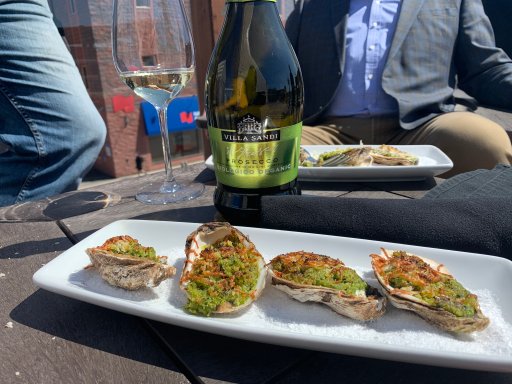 Oysters Rockefeller appetizer at BrewBakers new lounge patio.